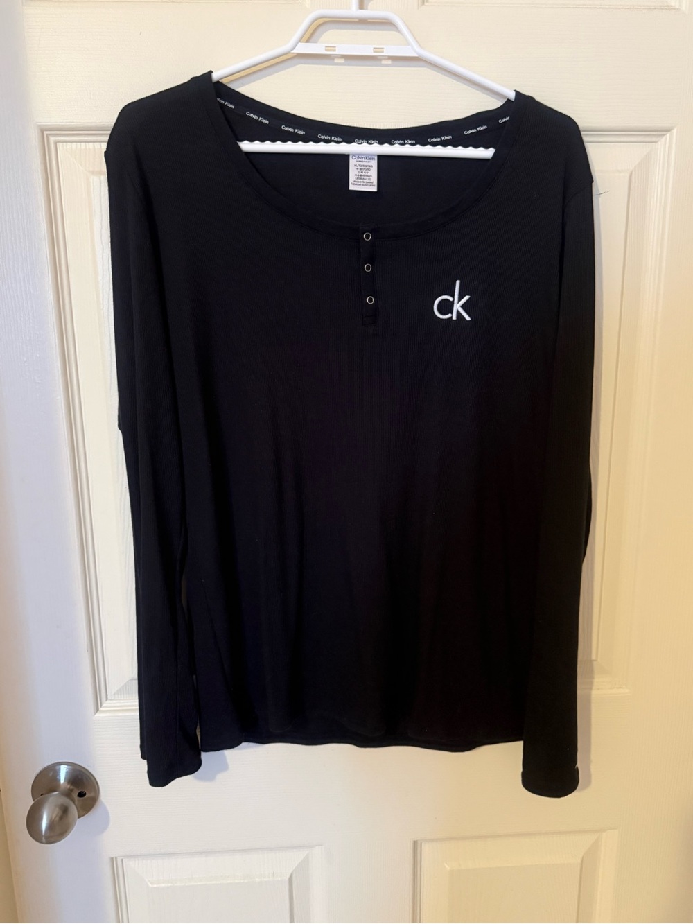 Calvin Klein Black Long Sleeve Scoop Neck Henley with White CK Logo